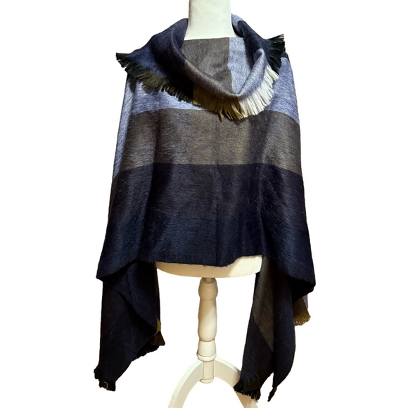Artesanias Mishell Navy Blue & Gray Colorblock Alpaca Cowl Neck Poncho Unisex - Picture 1 of 7
